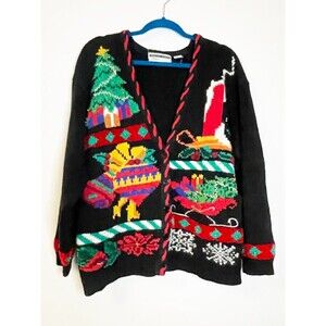 Vintage Jennifer Moore Hand Knit Ugly Christmas Sweater Cardigan XL Holiday